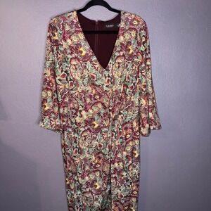 Lauren Ralph Lauren Black Label Paisley V-Neck Faux Wrap Sheath Dress Size 16